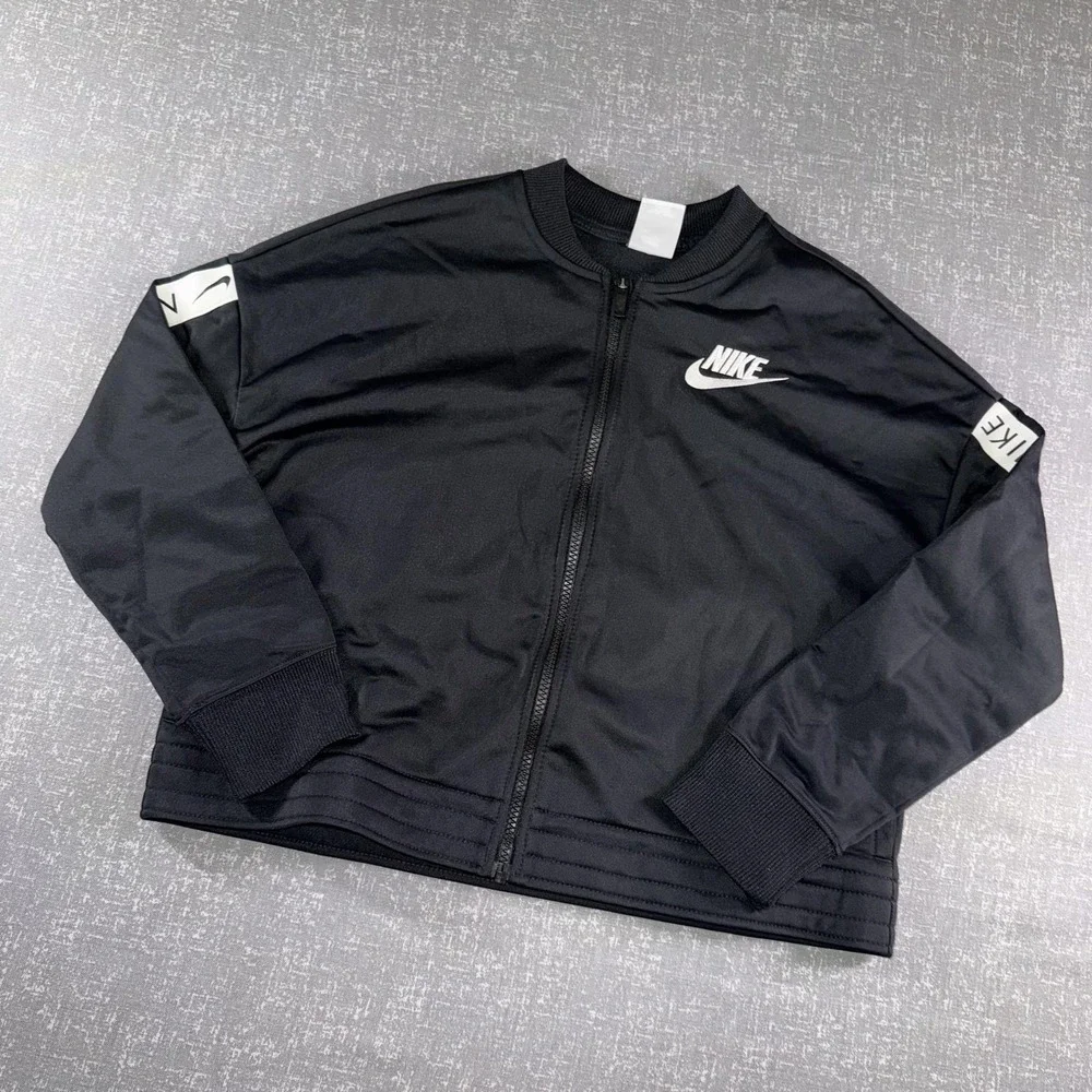 Nike Track Jacket Womens Large Black Full Zip Logo Sleeves Crop Athletic Swoosh